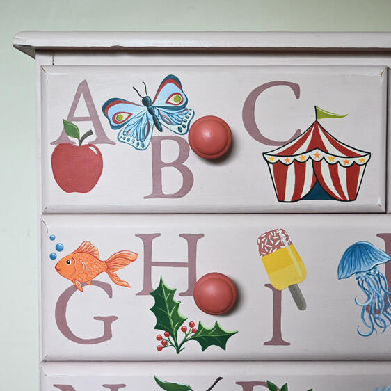 Hand painted alphabet drawers - close up Hand painted alphabet drawers - close up