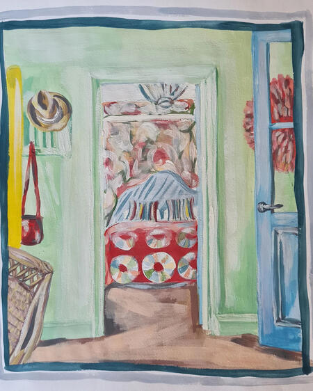 Painting of red and green bedroom