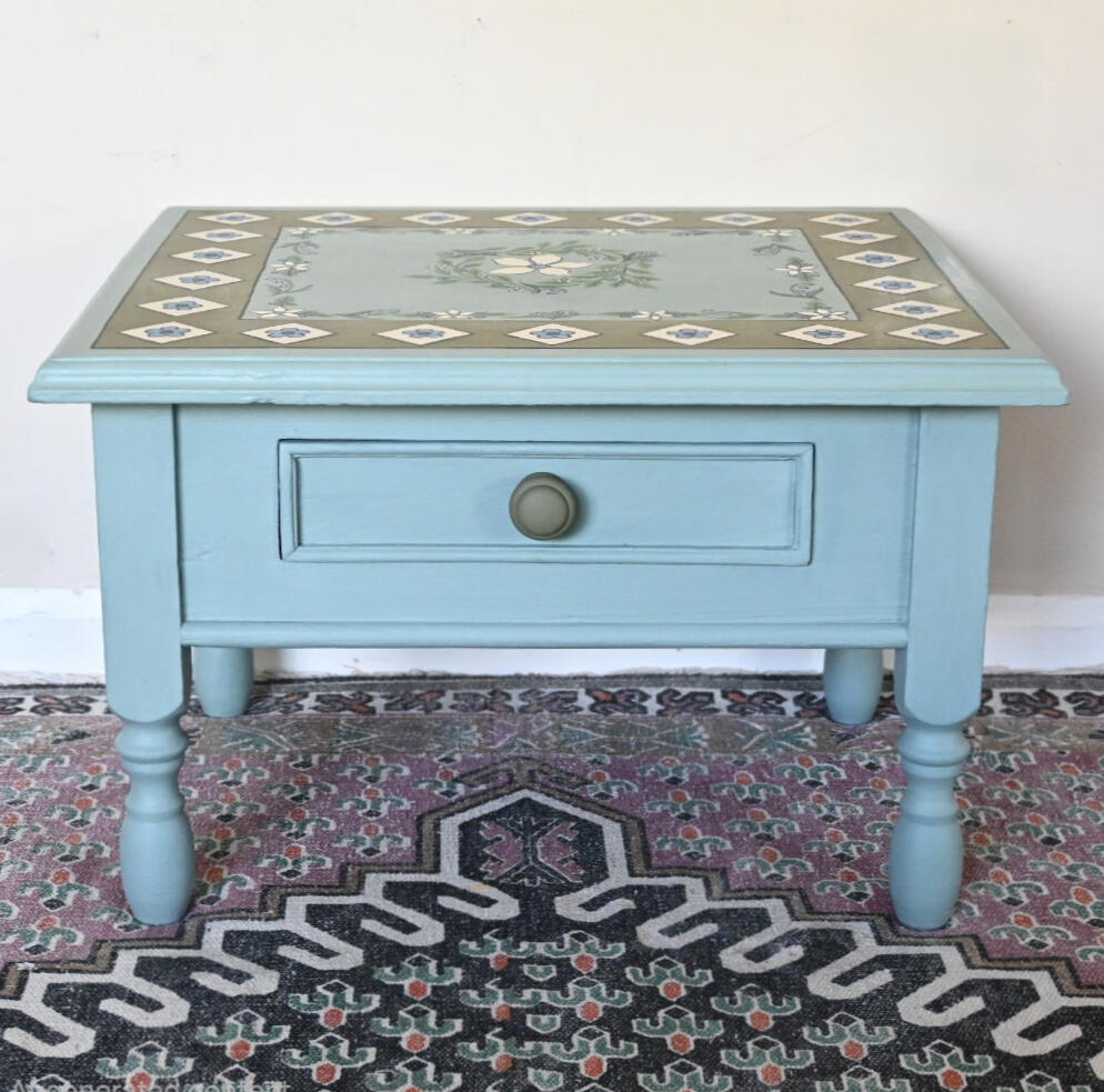 Hand painted duck egg blue and olive mini coffee table “Hand-painted blue wooden cabinet with swan design, floral detailing, vintage style bedside table or storage cupboard, unique upcycled furniture.”
