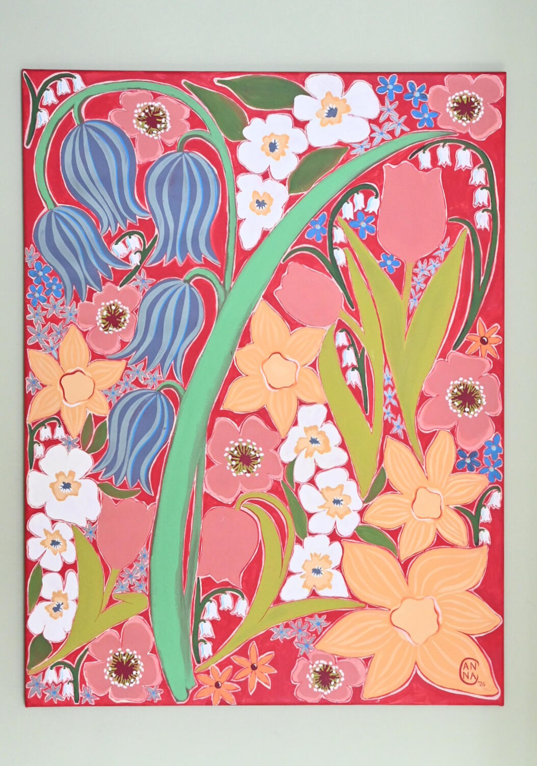 Large original signed painting named 'spring' hand painted colourful abstract florals on a red background